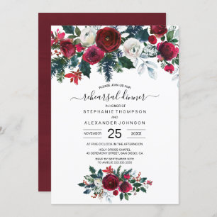 Burgundy Watercolor Winter Flowers Wedding Invitation