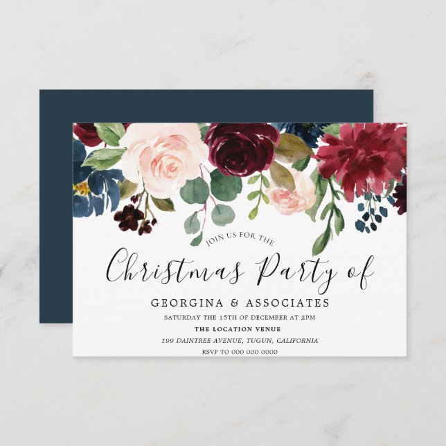 Burgundy Watercolor Work Office Christmas Party Invitation (Front/Back)