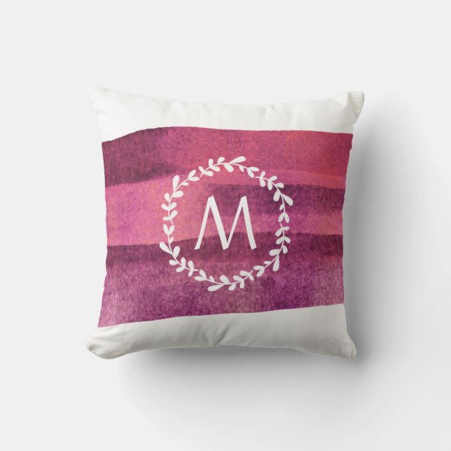 Burgundy Watercolor & Wreath Monogram Cushion (Front)