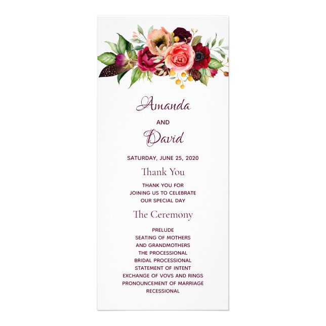 Burgundy watercolored florals boho wedding program rack card (Front)