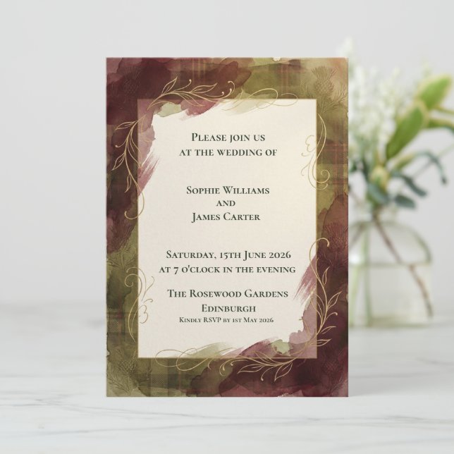 Burgundy Watercolour Botanical Wedding Invitation  (Standing Front)