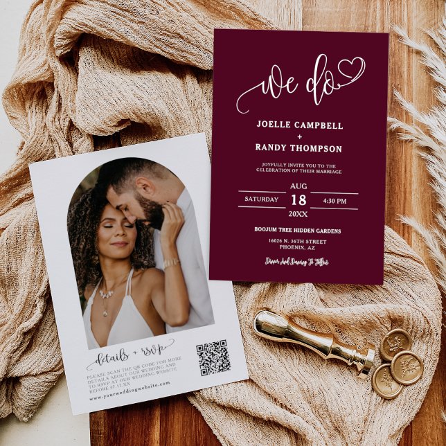 Burgundy We Do Boho Wedding QR Code Arch Photo   Invitation (Creator Uploaded)
