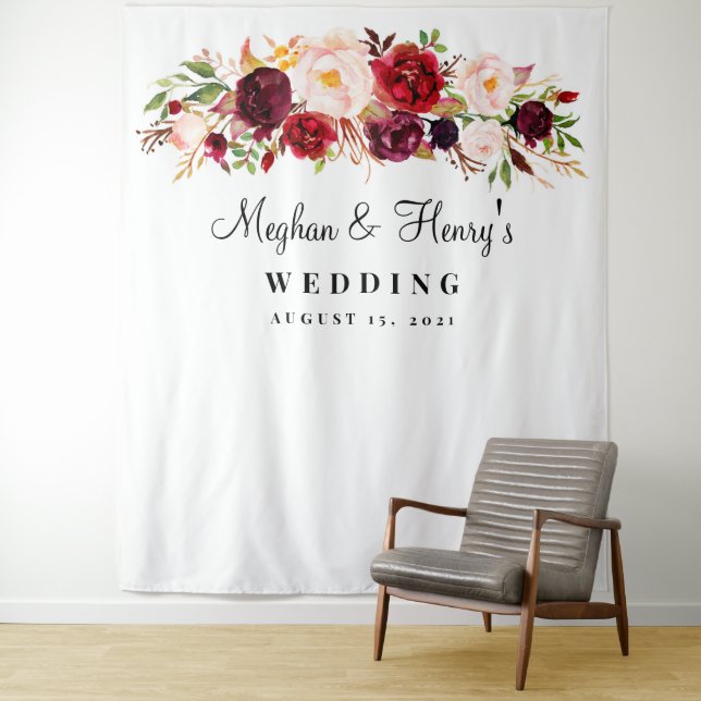 Burgundy Wedding Backdrop, Photo Booth Prop Tapestry (In Situ)