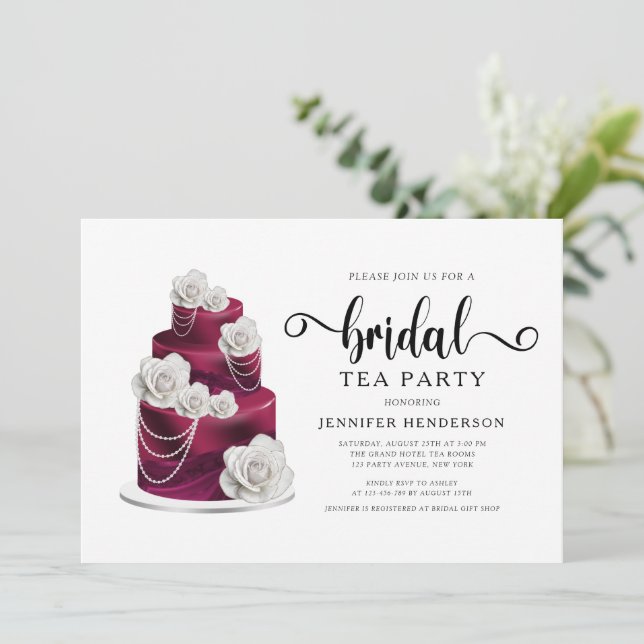 Burgundy Wedding Cake Bridal Shower Tea Party Invitation (Standing Front)