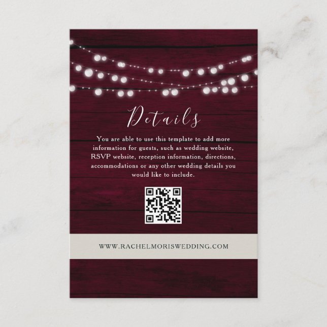 Burgundy Wedding Details QR Code Website  Enclosure Card (Front)