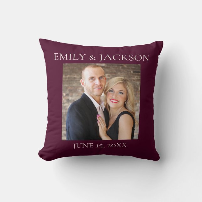 Burgundy Wedding Engagement Photo Date Cushion (Front)