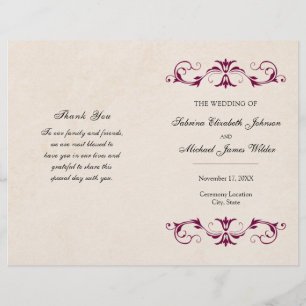 Burgundy Wedding Folded Program Tan Background
