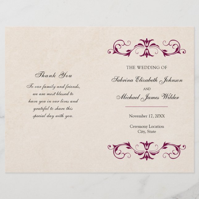 Burgundy Wedding Folded Program | Tan Background (Front)