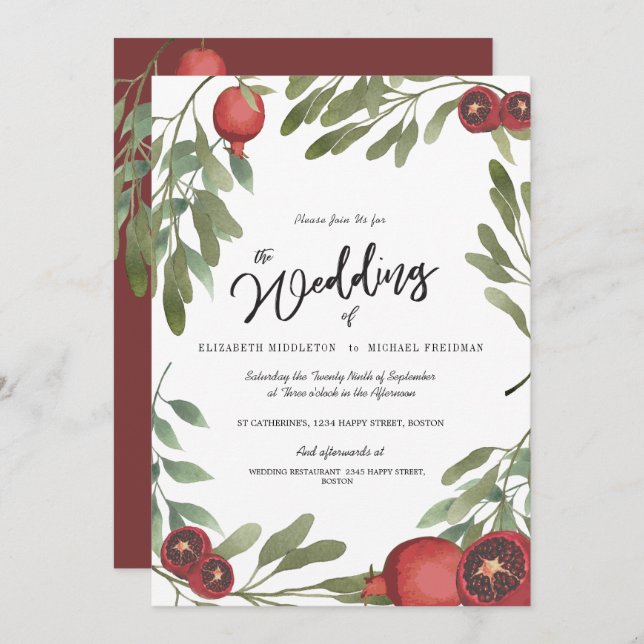 Burgundy Wedding Green Leaves Modern Botanical Invitation (Front/Back)