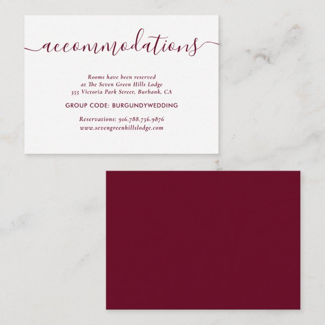 Burgundy Wedding Hotel Accommodation Cards (Front/Back)
