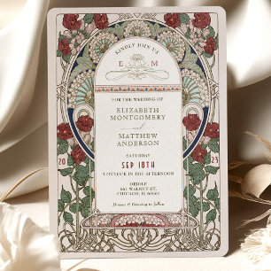 Burgundy Wedding Invitations Art Nouveau Mucha