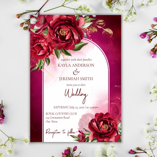 Burgundy wedding maroon flowers modern arch  invitation (Creator Uploaded)