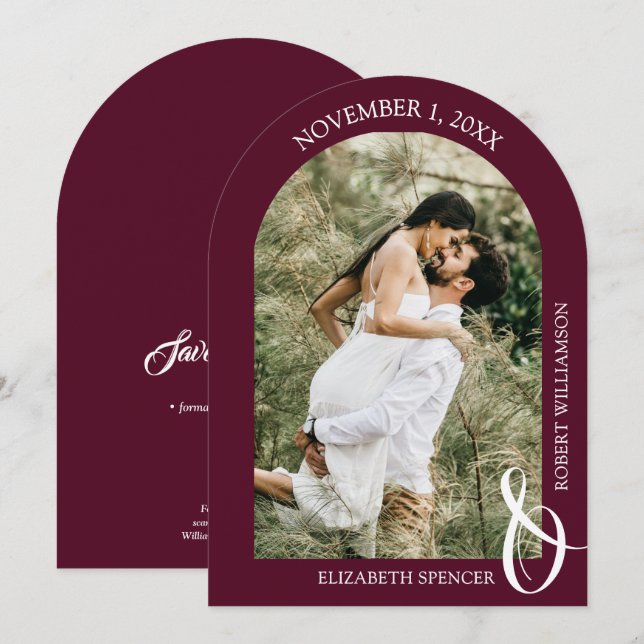 Burgundy Wedding Photo QR Code Save the Date (Front/Back)