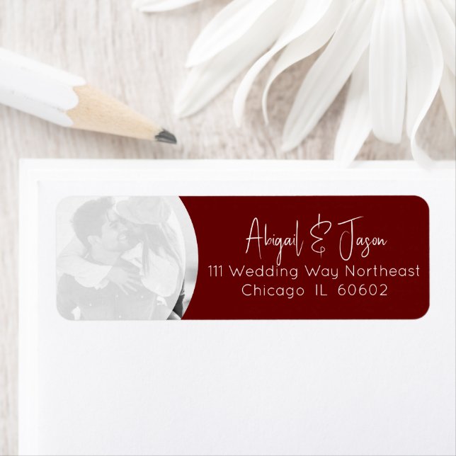 Burgundy Wedding Photo Return Address Return Address Label (Insitu)