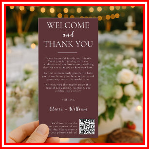 Burgundy Wedding QR Code Welcome & Thank You Card 
