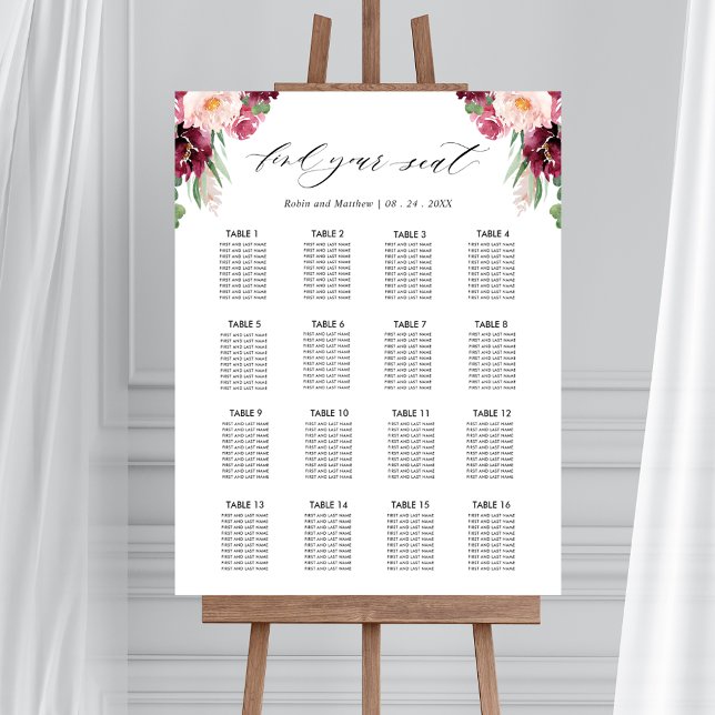 Burgundy Wedding Reception 16 Seating Chart Sign (Creator Uploaded)