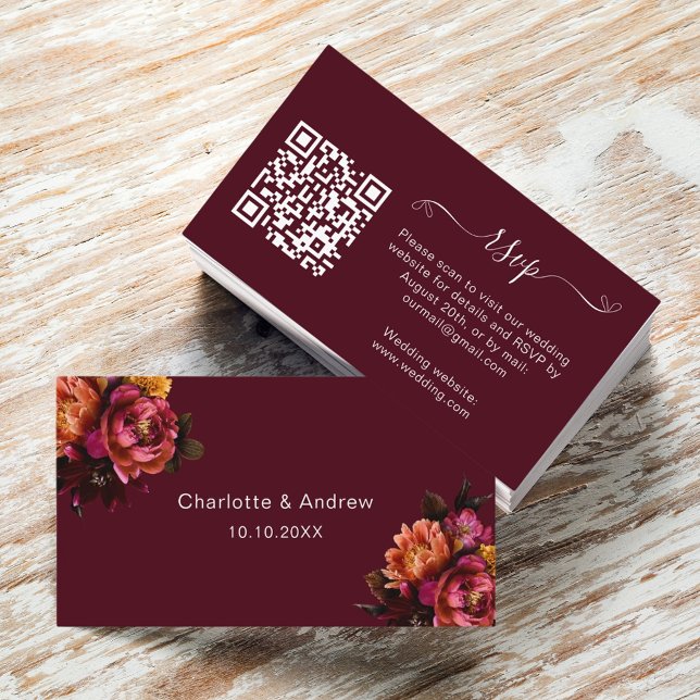 Burgundy wedding response website QR code RSVP Enclosure Card (Creator Uploaded)