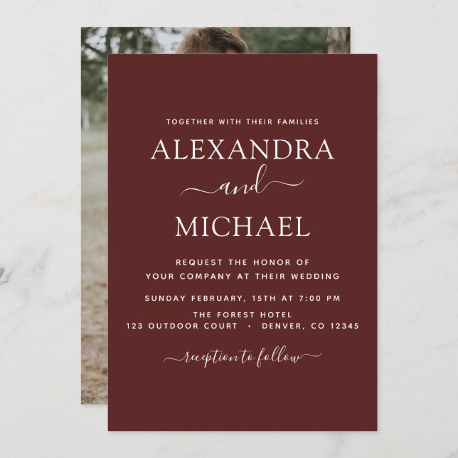 Burgundy Wedding Romantic Photo Invitation (Front/Back)