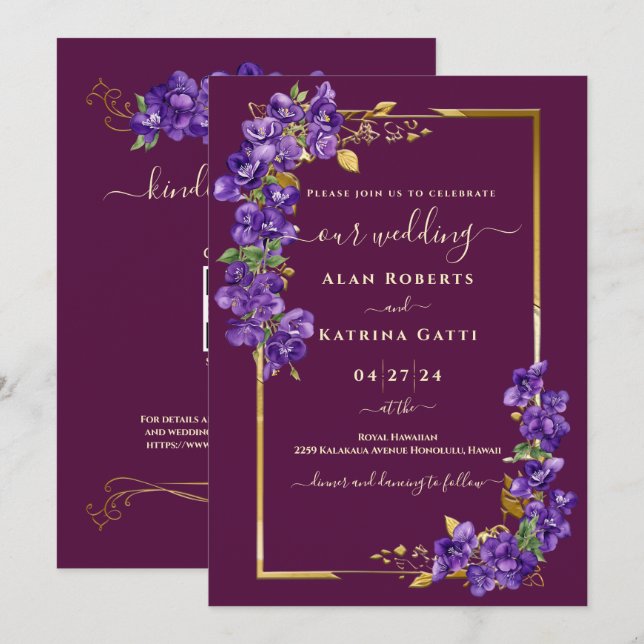 Burgundy Wedding RSVP QR Code Violets Gold Frame Invitation (Front/Back)