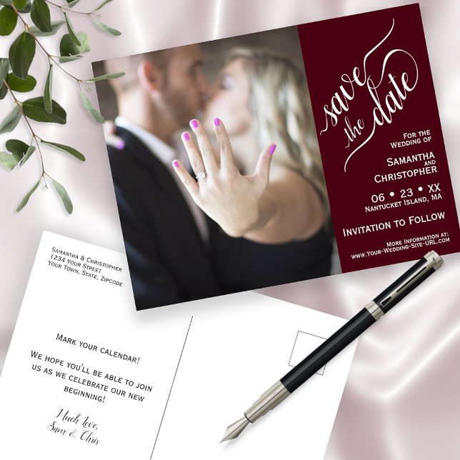 Burgundy Wedding Save the Date Photo & Calligraphy Announcement Postcard (Creator Uploaded)