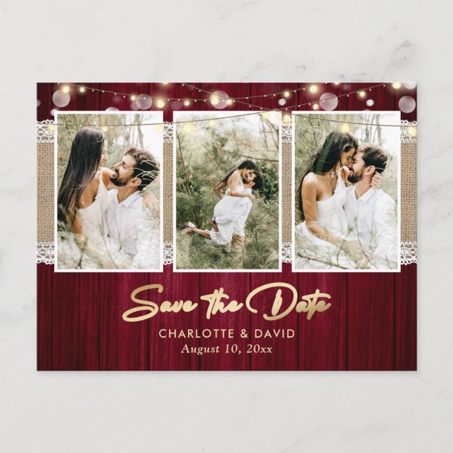 Burgundy Wedding Save The Date Photo Postcards (Front)