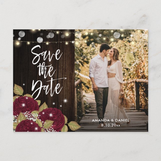 Burgundy Wedding Save The Date Photo Postcards (Front)