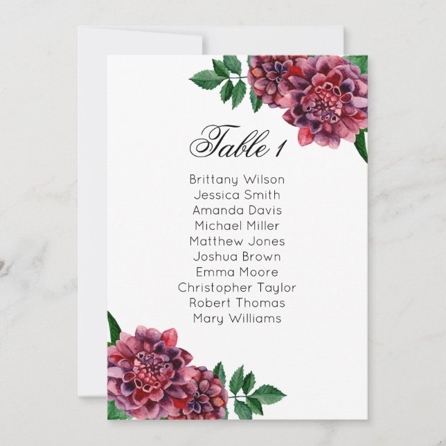 Burgundy wedding seating chart. Dahlias table plan Invitation (Front)