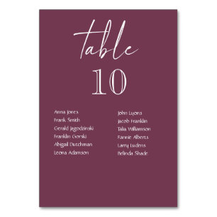 Burgundy Wedding Table Numbers With Guest Names