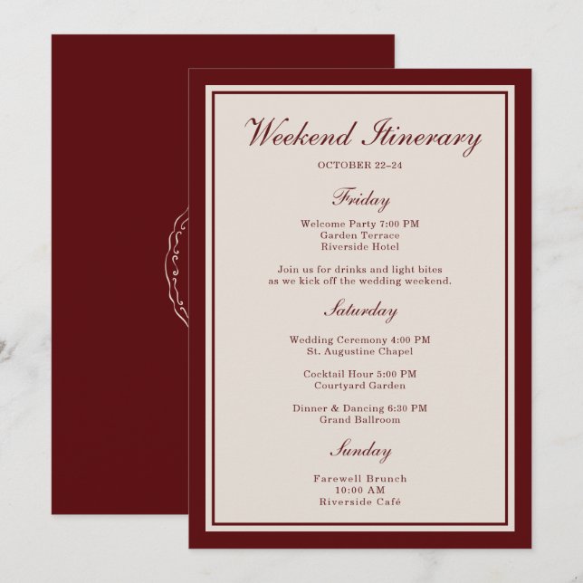 Burgundy Wedding Weekend Itinerary Card (Front/Back)