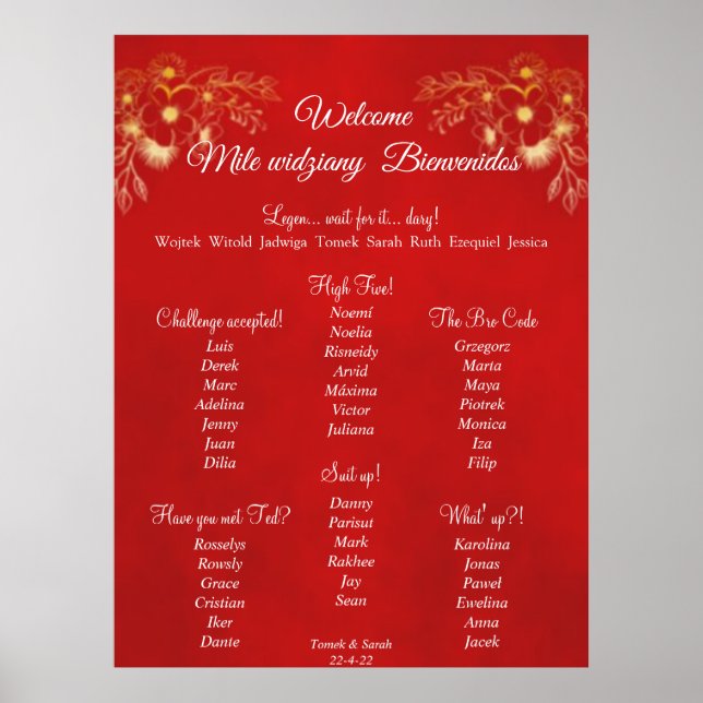 Burgundy wedding welcome poster and seating chart (Front)