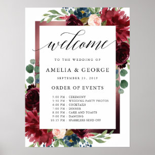 Burgundy welcome order of events wedding sign