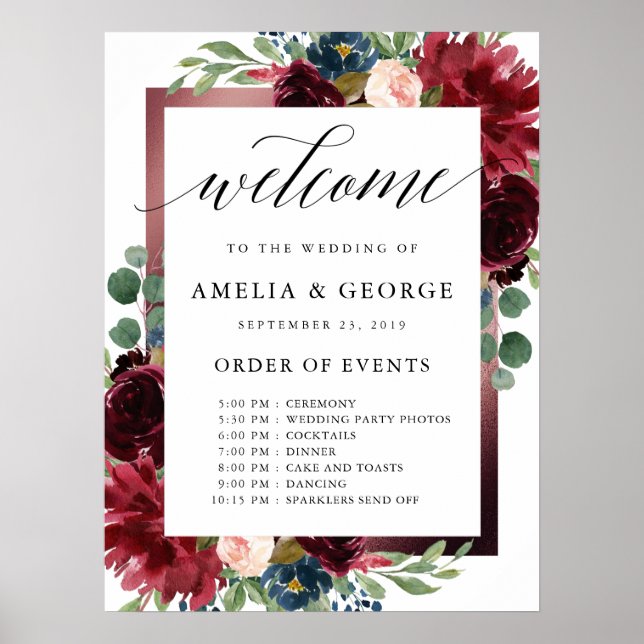 Burgundy welcome order of events wedding sign (Front)