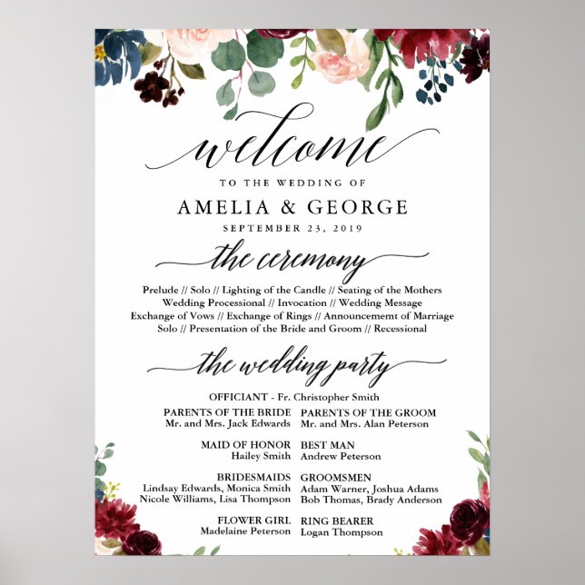 Burgundy welcome wedding program sign (Front)
