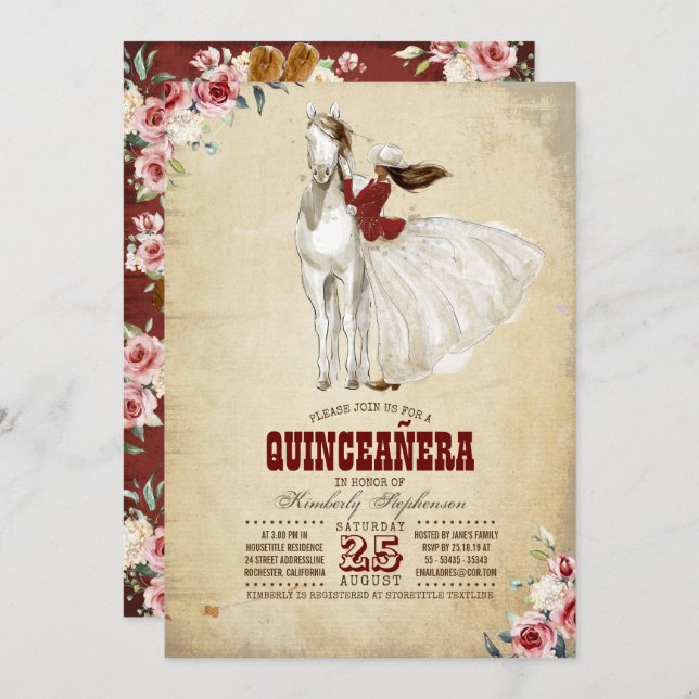Burgundy Western Quinceañera - 15th Birthday Invitation (Front/Back)