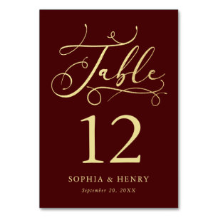 Burgundy Whimsical Gold Calligraphy Table Number