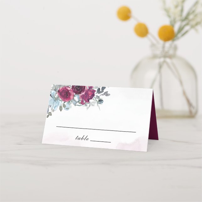 Burgundy White and Blue Roses Wedding Place Card (Front)