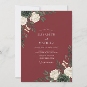 Burgundy White Botanical Watercolor Wedding Invitation