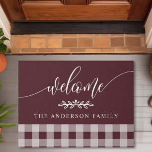 Burgundy White Buffalo Check Welcome Personalised Doormat