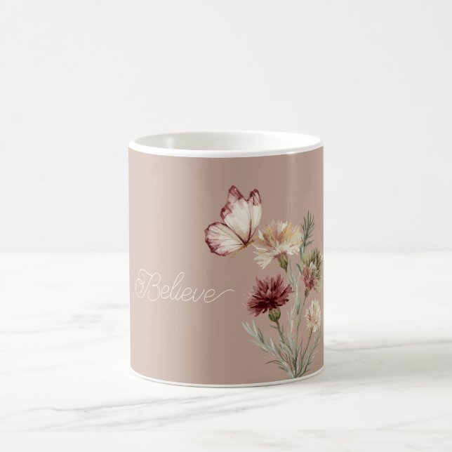 Burgundy White Butterfly Flowers Coffee Mug (Center)