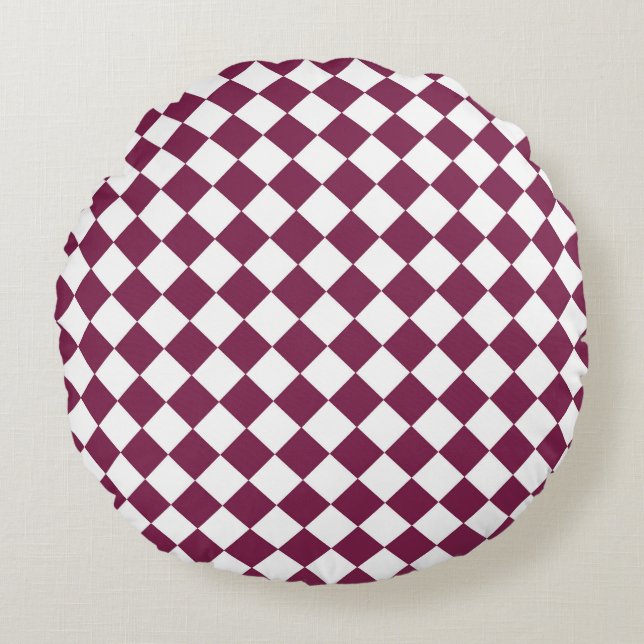Burgundy White Checker Diamond Pattern Round Cushion (Front)