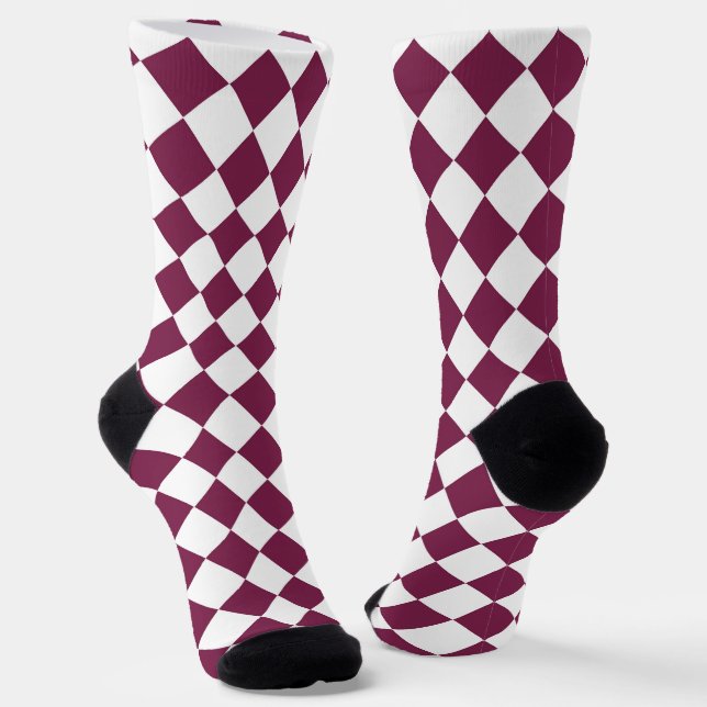 Burgundy White Checker Diamond Pattern Socks (Angled)