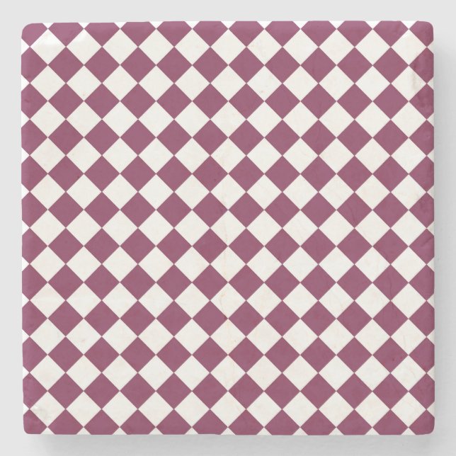 Burgundy White Checker Diamond Pattern Stone Coaster (Front)