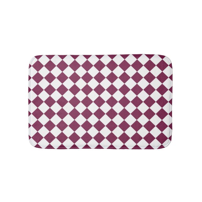 Burgundy White Chequered Diamond Pattern Bath Mat (Front)