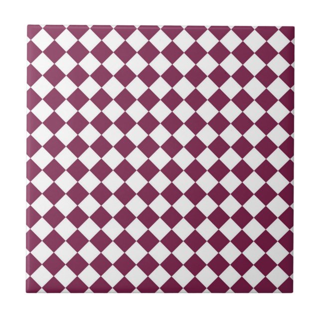 Burgundy White Chequered Diamond Pattern Ceramic Tile (Front)
