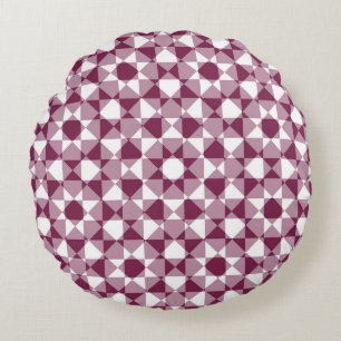 Burgundy White Chequered Diamond Plaid Pattern Round Cushion