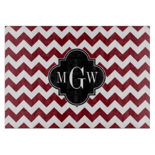 Burgundy White Chevron Black Quatrefoil 3 Monogram Cutting Board