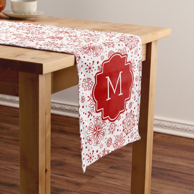 Burgundy & white christmas snowflakes long table runner (In Situ)