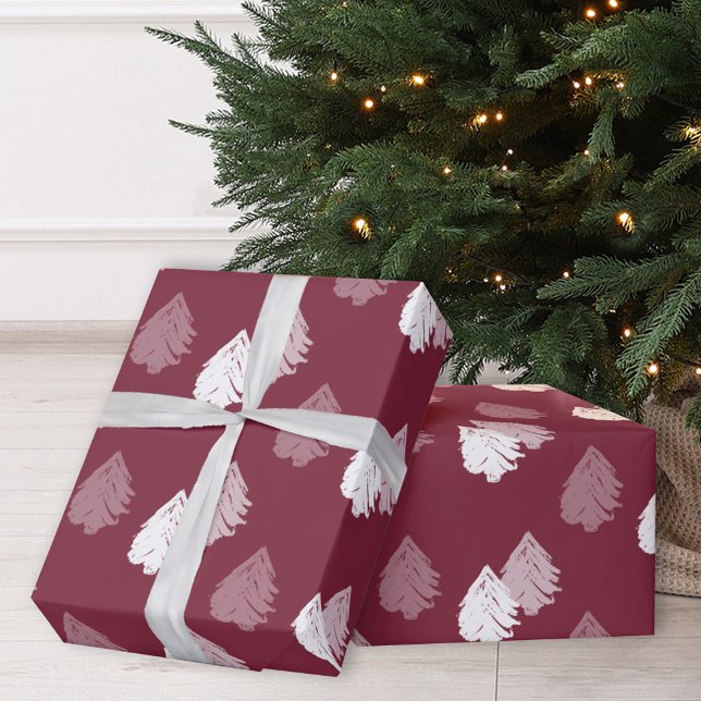 Burgundy White Christmas Tree Pattern Wrapping Paper (Creator Uploaded)