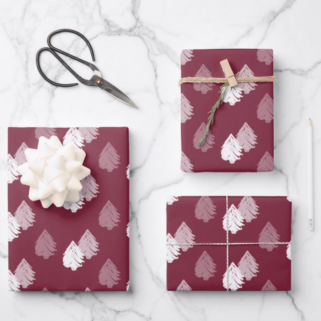 Burgundy White Christmas Tree Pattern Wrapping Paper Sheet (Front)