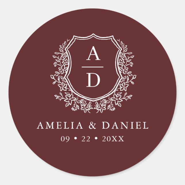 Burgundy White Crest Modern Monogram Wedding  Classic Round Sticker (Front)